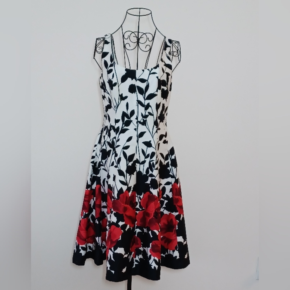 Jessica Howard Poppy Floral Fit & Flare Dress- Black White Red- Size 6